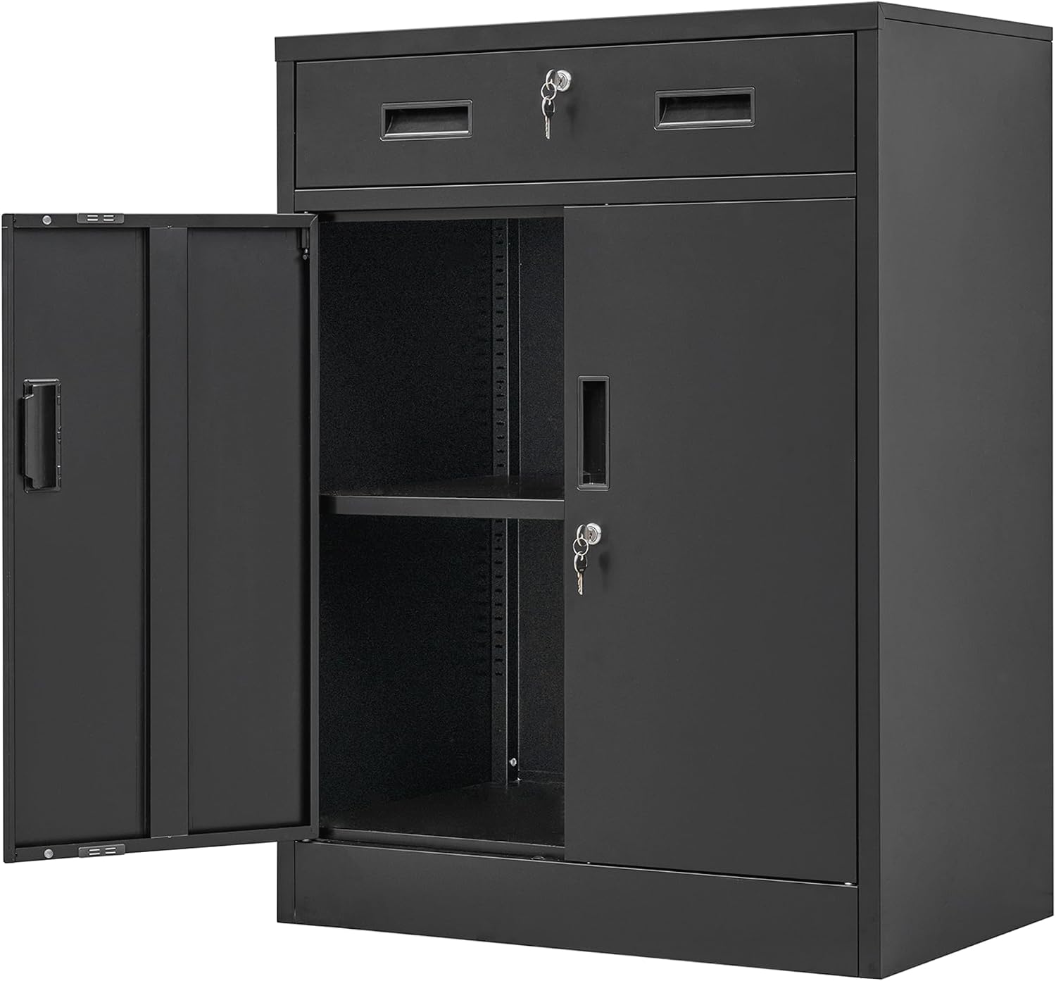 Wanfu Metal Storage Cabinet, Locking Cabinet with 1 Drawer and Adjustable Shelf, 36' H x 28' W x 16' D Metal Cabinets for Office, Garage, Home-Black