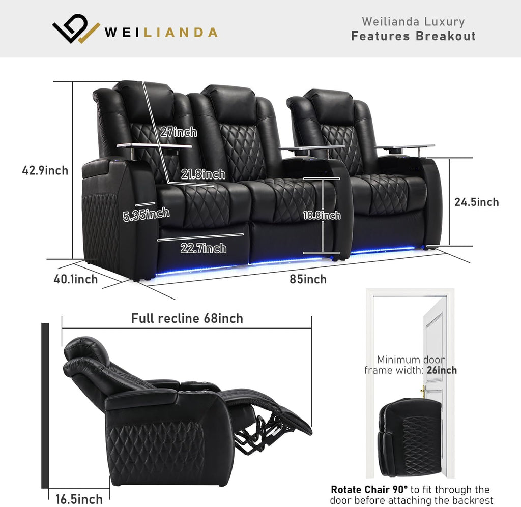 Weilianda Home Theater Seating Top Grain Leather Zero Gravity Recliner Chair Power Headrest Recline Movie Seat Gaming 7 Colors Mood Light Sofa with Tray Table USB Charge Row of 3 Loveseat Left Black