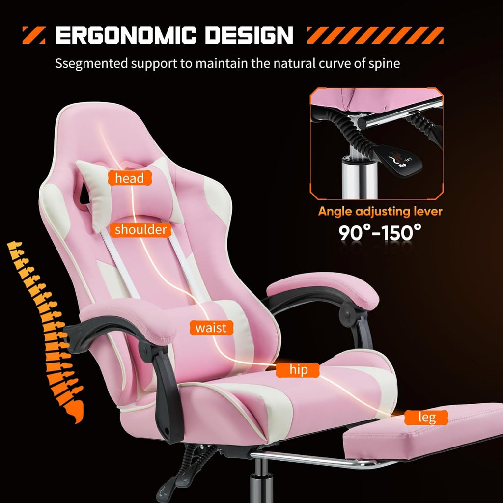 Heavy Duty Gaming Chair, Ergonomic Gamer Chair for Home Office with Footrest, Lumbar Support, Adjustable Backrest, Stable 360° Swivel Wheels for Adults, Professional Gamers and Teens, Pink