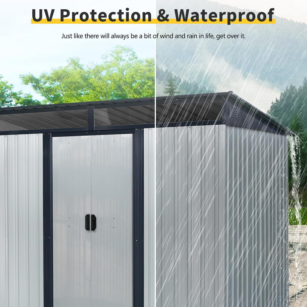 JT 8X6FT Outdoor Storage Shed, Galvanized Metal Garden Shed with Window and Metal Foundation, Tool Storage Shed for Patio Lawn Backyard (White-Black-8ft*6ft)