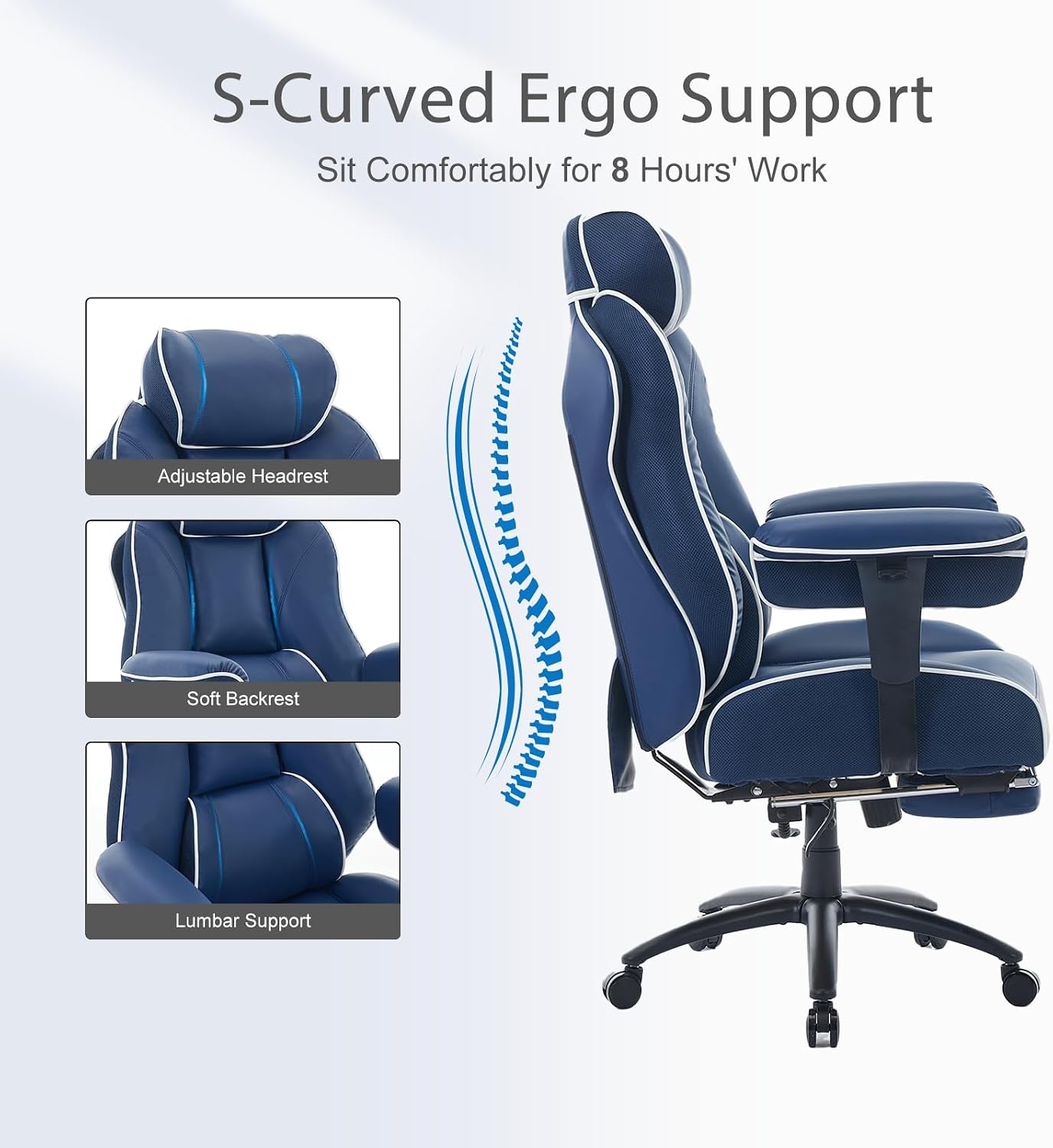 DJ·Wang Big and Tall Office Chair with Foot Rest, High Back Executive Office Chair PU Leather, Ergonomic Chairs with Lumbar Support, 135° Reclining Chairs with Thickened Spring Cushion Blue