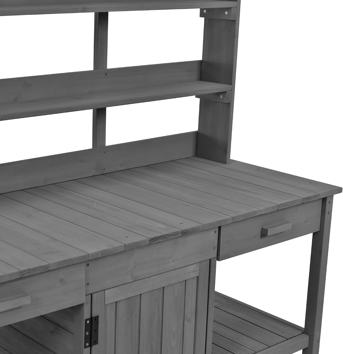 Outdoor Potting Bench Table, Farmhouse Wooden Garden Workstation with 2 Drawers, Cabinet and Open Shelves for Backyard, Mudroom, Grey
