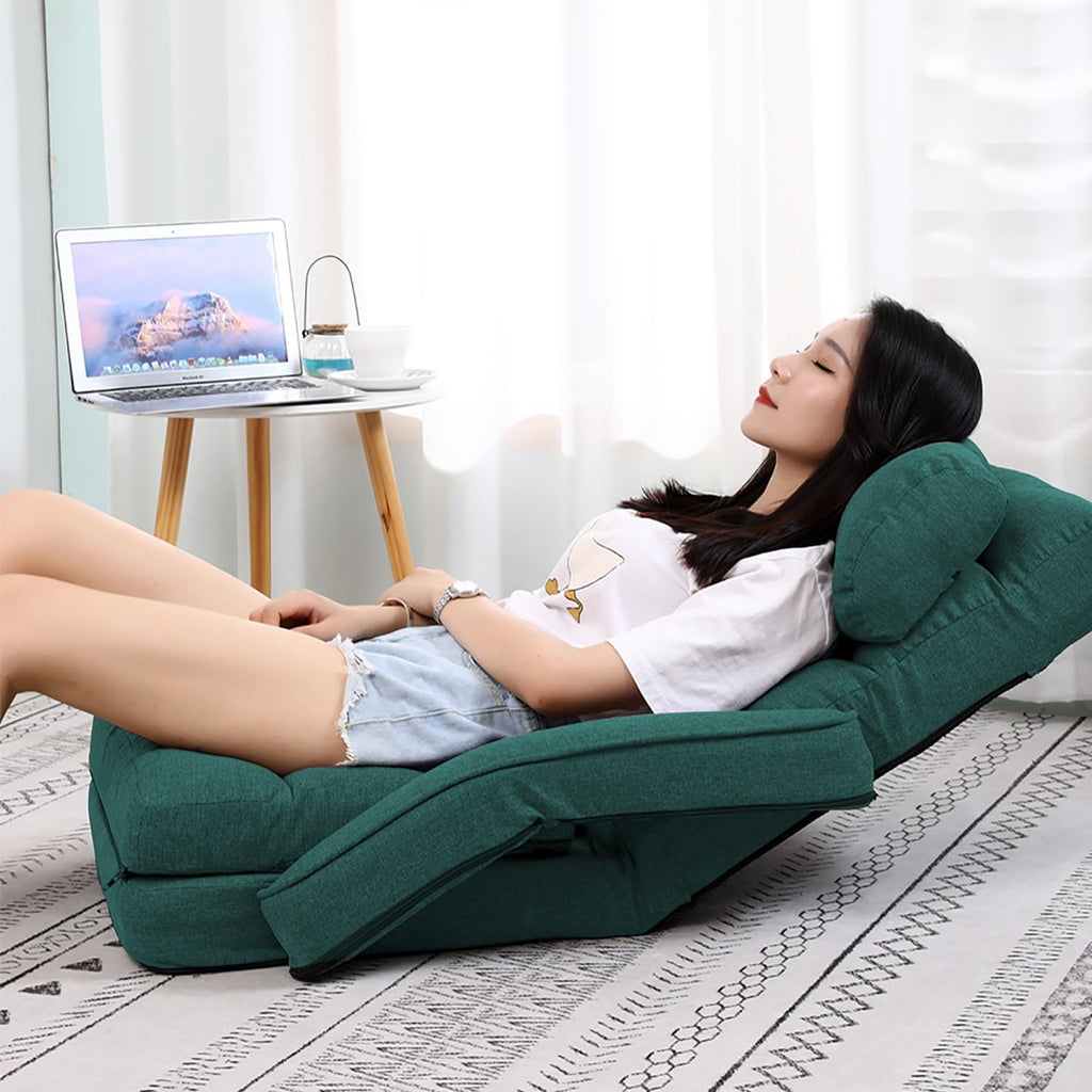 42-Position Adjustable Floor Chair, Chaise Lounge Chair Indoor,Comfy Folding Lazy Sofa Chair for Adults with Armrests and a Pillow Padded,Gaming Chairs for Living Room,Bedroom,Fabric,Green