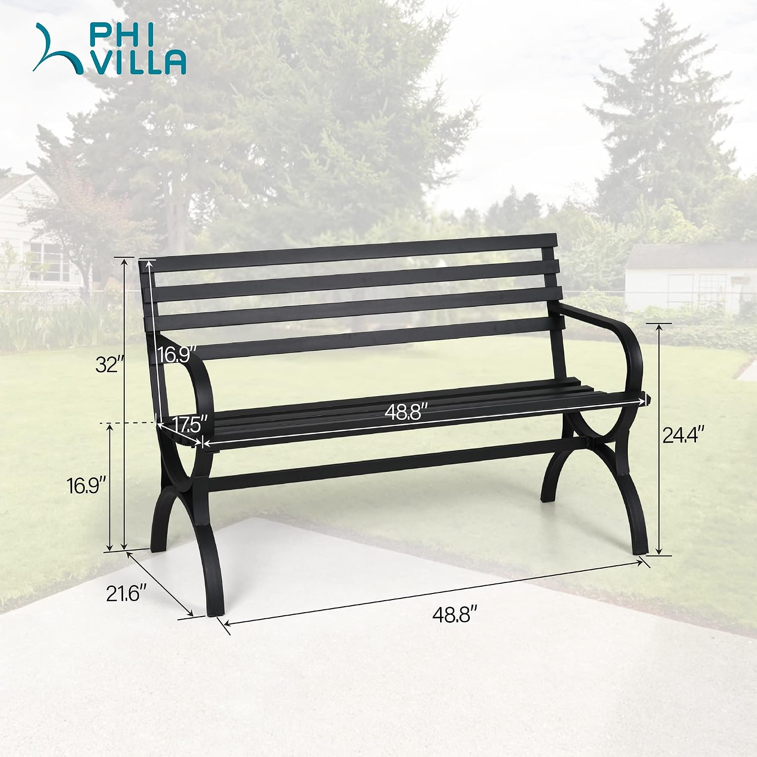 PHI VILLA Outdoor Garden Bench, 48' Long Metal Steel Bench with Backrest and Armrests, Modern Slatted Design for Patio, Lawn, Yard, Porch - Black