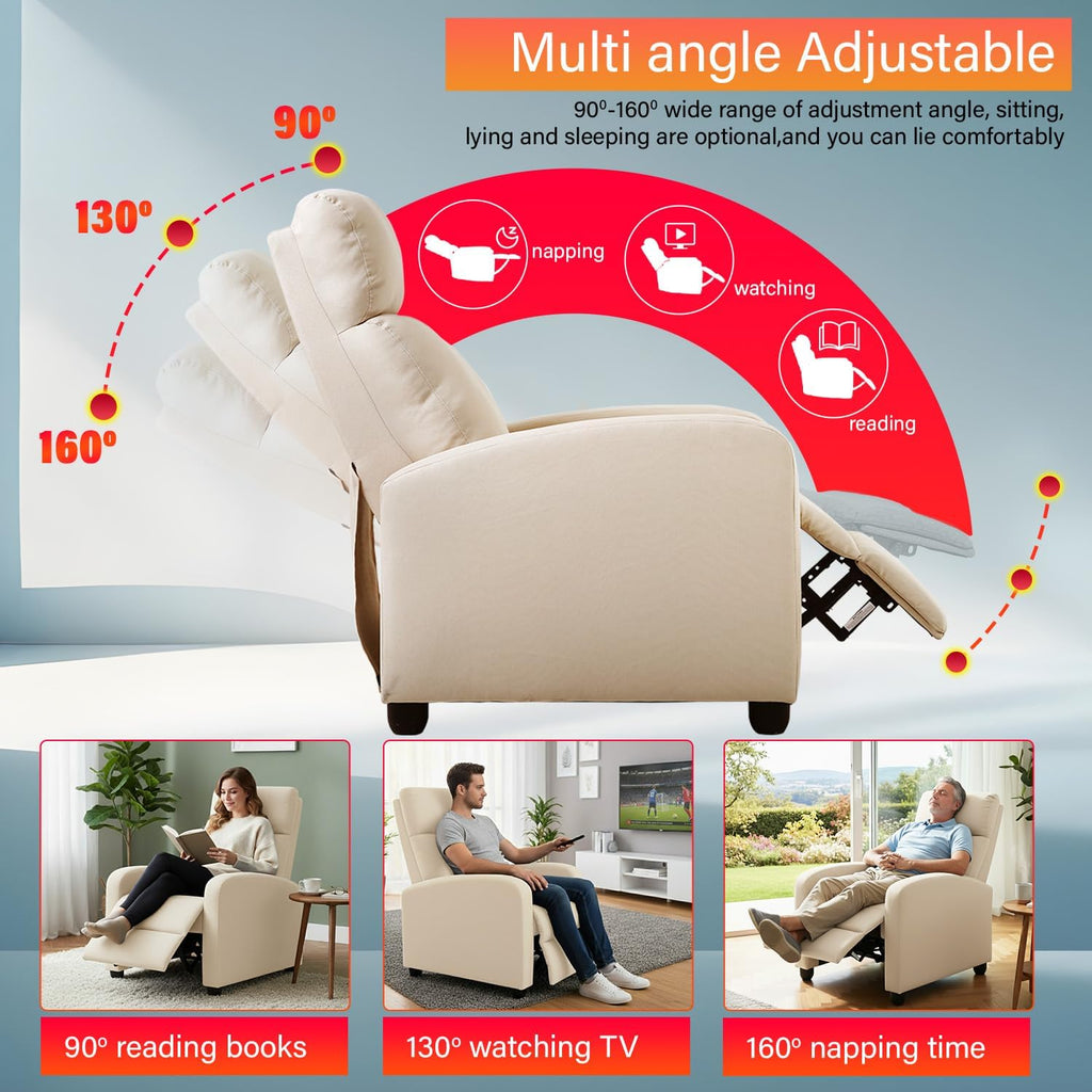 BestMassage | Recliner Chair | with 2 Point Massage Function | Textile Beige | with Lumbar Support, Adjustable Push Back, Footrest & Padded Seat | Easy Assembly | for Living Room, Home Theatre