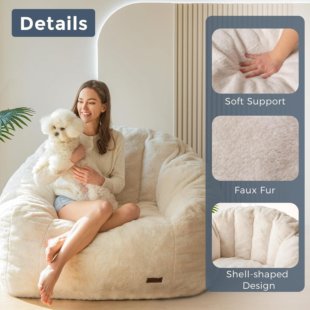 MAXYOYO Giant Bean Bag Chair, Oversized Bean Bag Couch for Adults and Kids, Faux Fur Shell-Shaped Large Chair with Filler, Stuffed Big Accent Sofa Lounge Floor Sofa for Reading, Beige, Standard