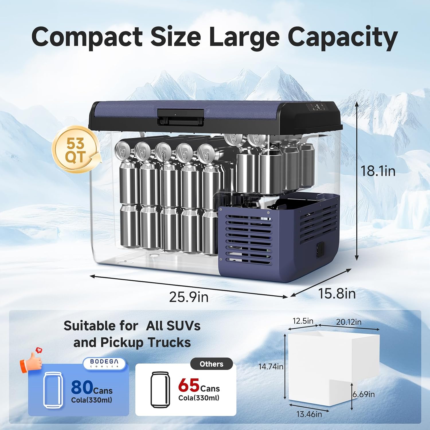 BODEGACOOLER 12 Volt Car Refrigerator, 53QT(50L) IPX4 Waterproof Electric Cooler, 31dB Ultra-Quiet Car Fridge APP Control with 12/24V DC 110-240V AC, -4℉~68℉, Portable for Truck RV Camping, Travel
