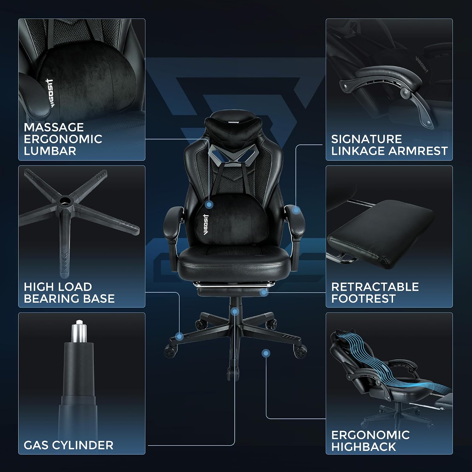 Vigosit Gaming Chair PRO: High-Performance Ergonomic Chair with Full Mesh, Patented 3D Lumbar Support, Retractable Footrest & 400 lbs Metal Frame for Elite Gamers (Black 03Pro)