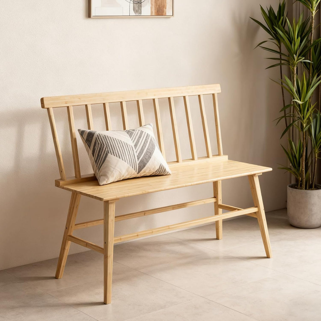 Dining Bench for Kitchen & Dining Room – Bamboo Wood Bench with Spindle Back & Armrests, Farmhouse Entryway Bench, Indoor Bedroom Bench, Versatile Entry Bench & Outdoor Bench Seating（Natural）