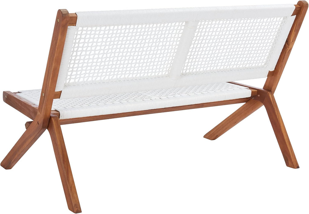 SAFAVIEH Outdoor - Kobina Folding Bench - Natural & White - Solid Wood and Rope - Modern Sculpted Folding Design - Ideal for Patio, Deck, Porch, Backyard, 13.8' Seat Height (PAT7304D)