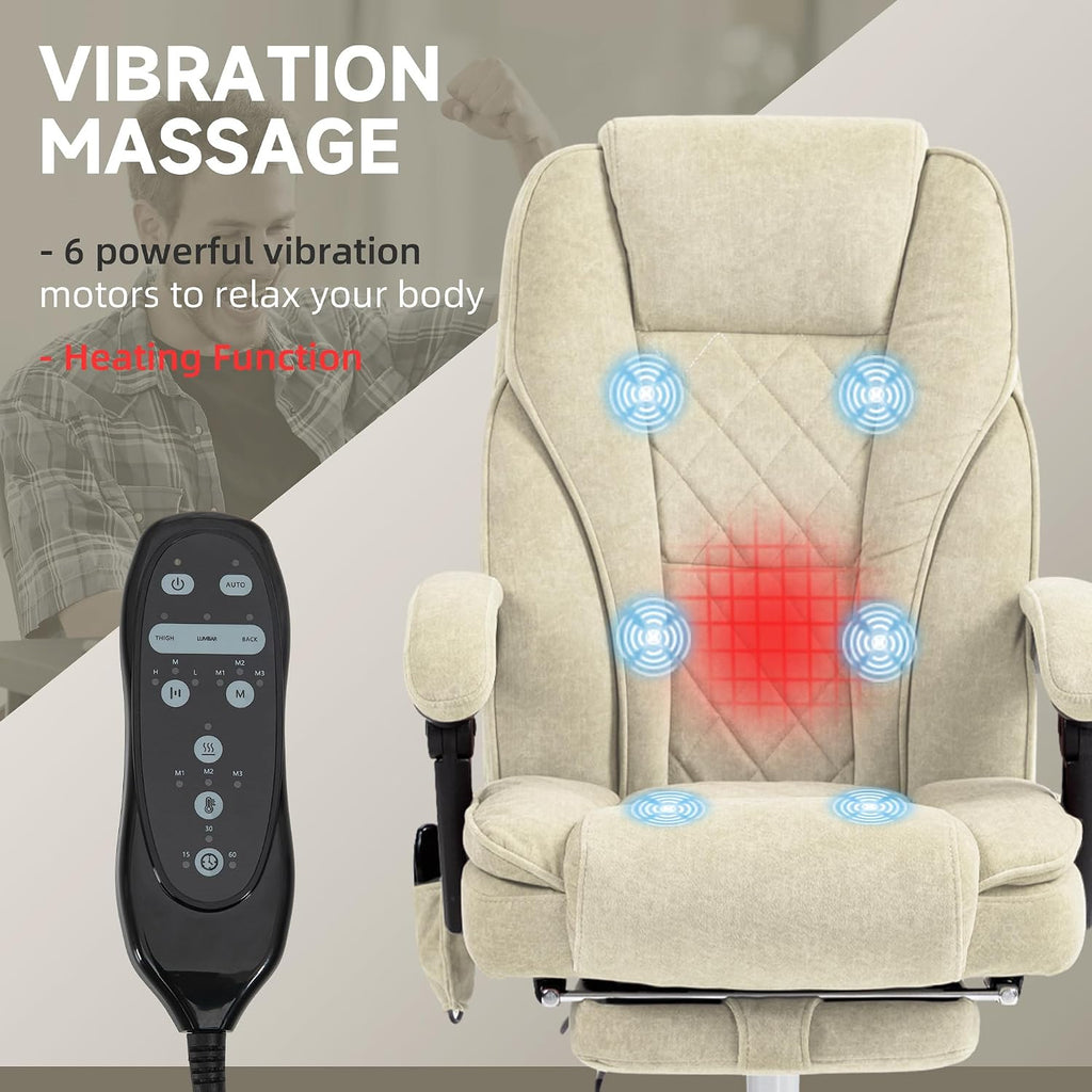 Vinsetto Massage Office Chair with Foot Rest, Executive Computer Desk Chair with 6 Vibration Point and Heat, Reclining Backrest, Swivel Wheels, Adjustable Height, Beige