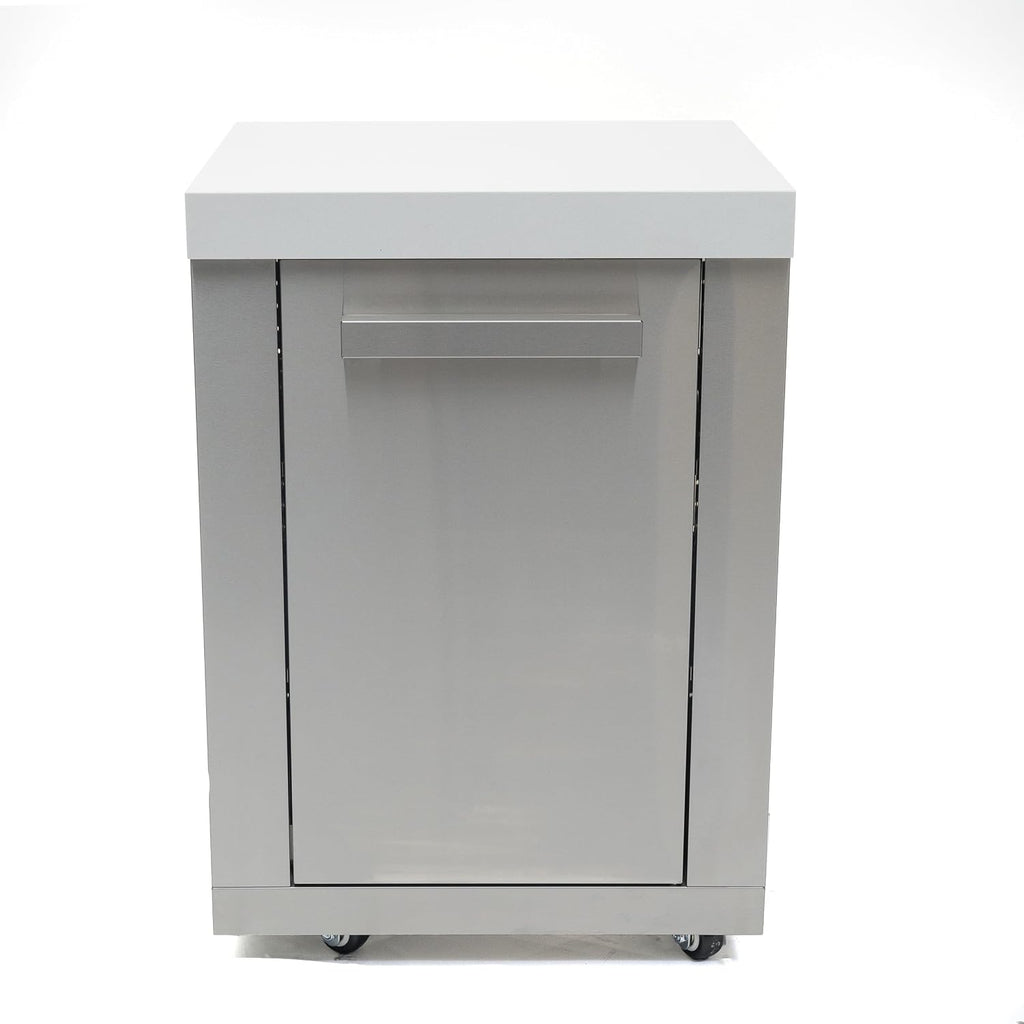 Mont Alpi Premium 25' W Stainless Steel Extra Storage Cabinet Module with Magnetic Door for 805 or 400 Original and Deluxe Series Outdoor Kitchen Island Grills + White Granite Countertops + 2 Shelves
