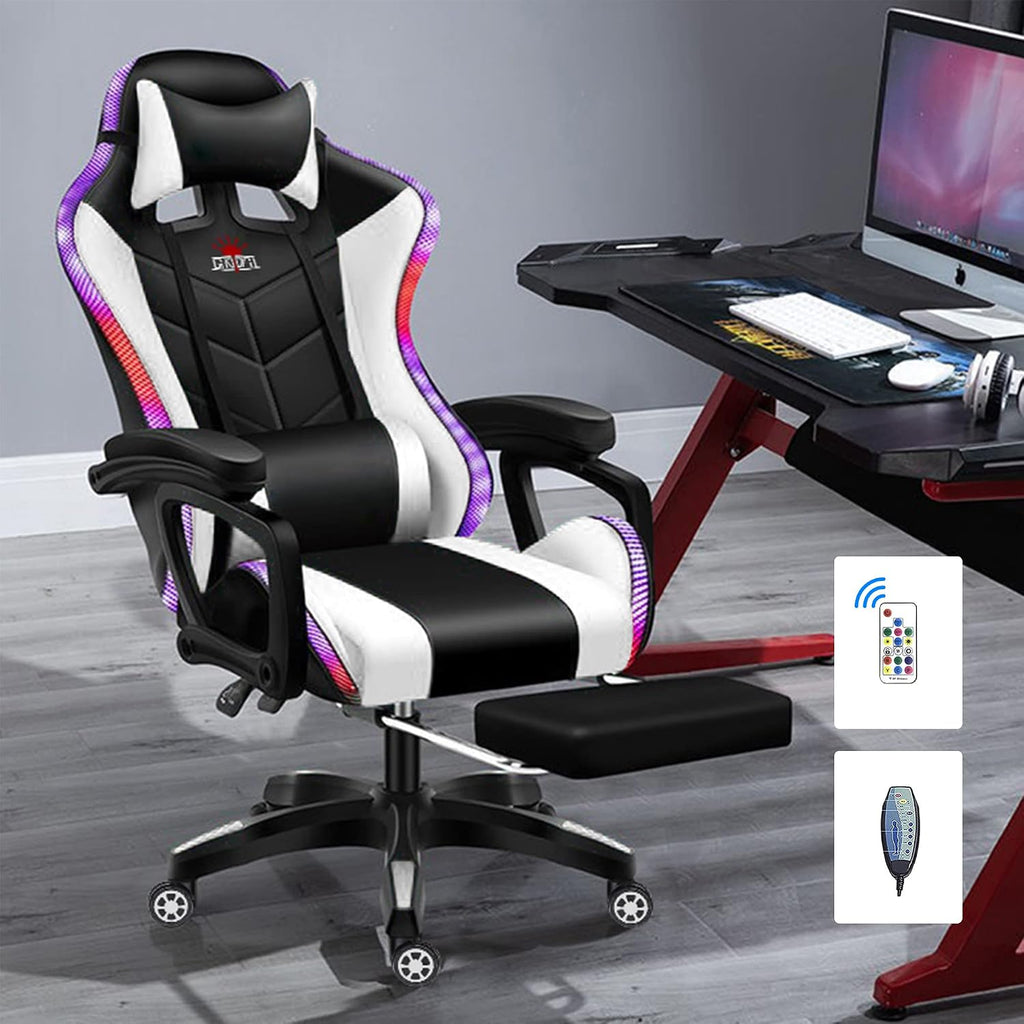 RGB Gaming Chair with Speakers and Massage, Racing Computer Chair with Massage and Footrest for Office or Gaming. (Black+White)
