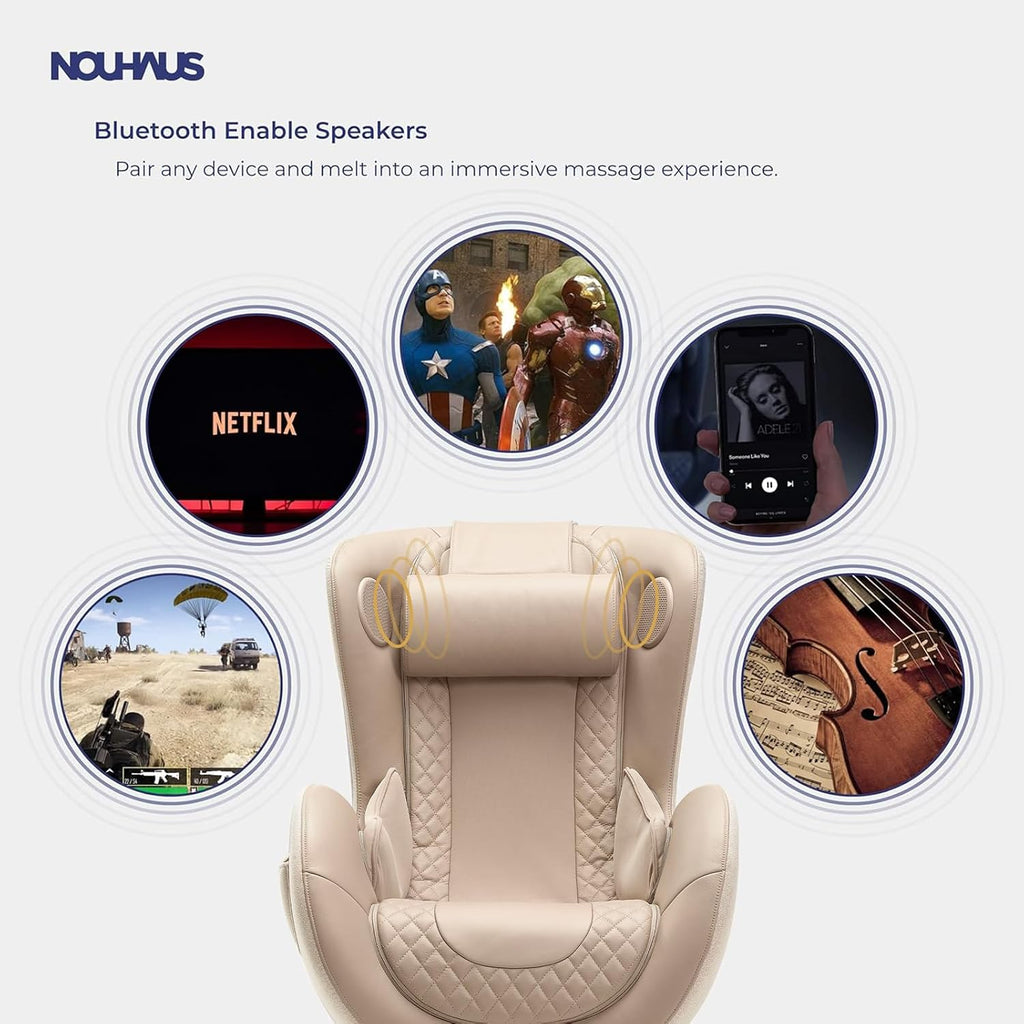 Nouhaus Classic Massage Chair with Ottoman – Mellow Sand Leather Recliner with Percussive Shiatsu Massager, Built-in Speaker & Full Body Spot Massage – Ultimate Comfort for Home & Office