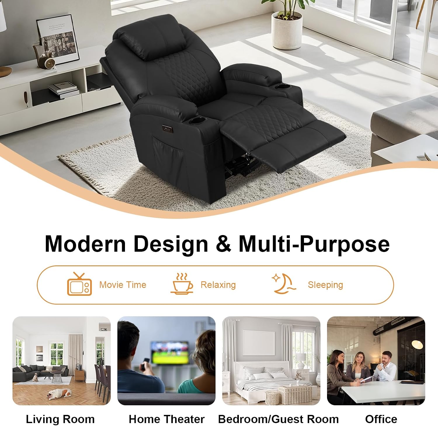 AHMED Power Recliner Chair with Vibration Massage & Heat for Adults, Faux Leather Home Theater Seating with Cup Holders/LED Lights/USB Ports/Side Pockets for Living Room, Black