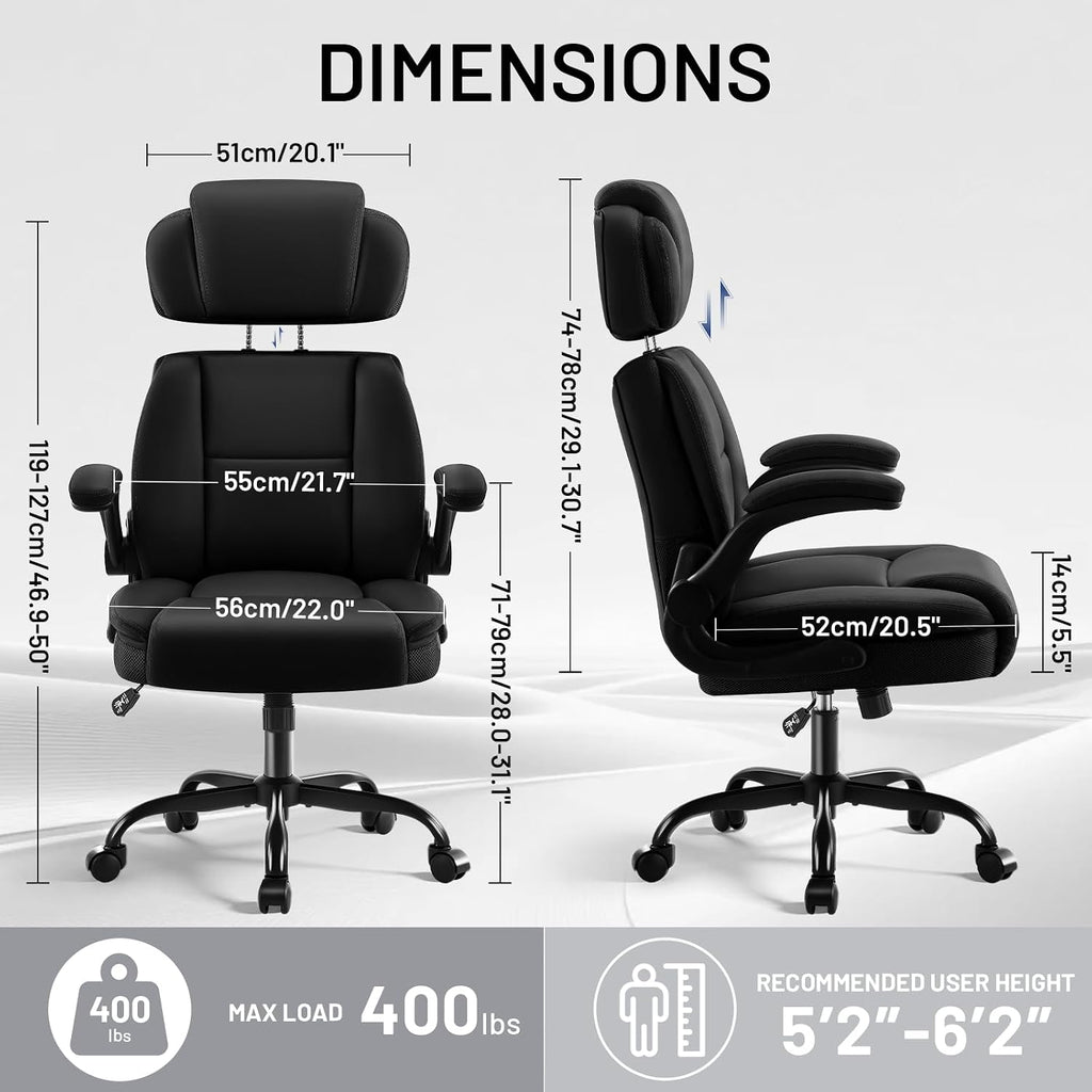 AreShark Ergonomic Office Chair with Lumbar Support, 400lbs Heavy Duty Big and Tall Executive Desk Chair, PU Leather High Back Computer Chair with Flip-Up Arms & Adjustable Headrest, Black