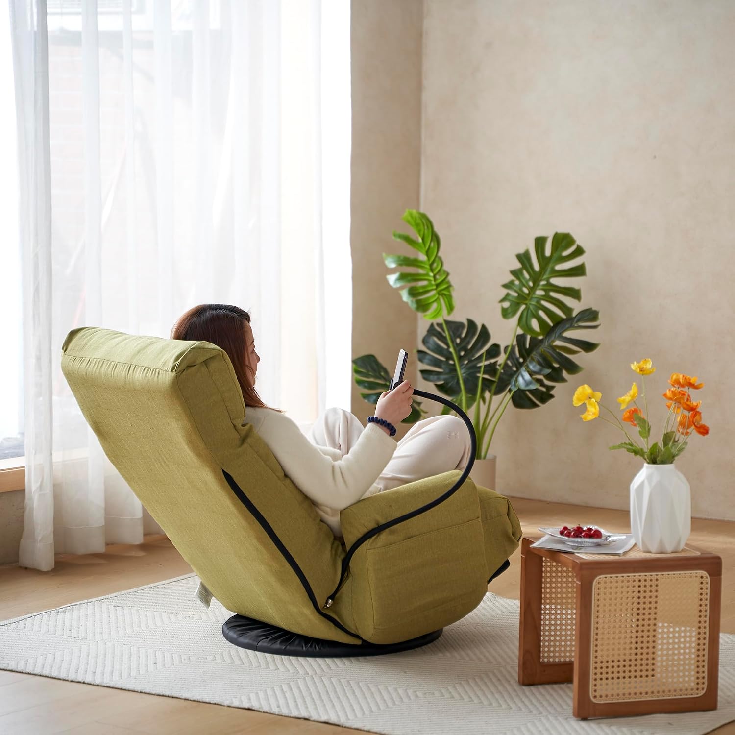 360° Swivel Floor Gaming Chair with 5 Position Adjustable, Folding Gaming Sofas with Phone Holder & Pockets, Cushion Padded Chaise Lounge Chair for Adults, Home Office Floor Leisure Chairs, Green