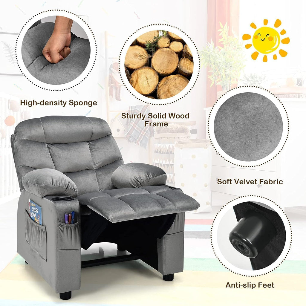 HOMGX Children's Recliner Chair, Velvet Material, Leisure Lounge Chair w/Side Pockets and Footrests, Ergonomically Adjustable Sofa Furniture, Suitable for Living Room (Grey)