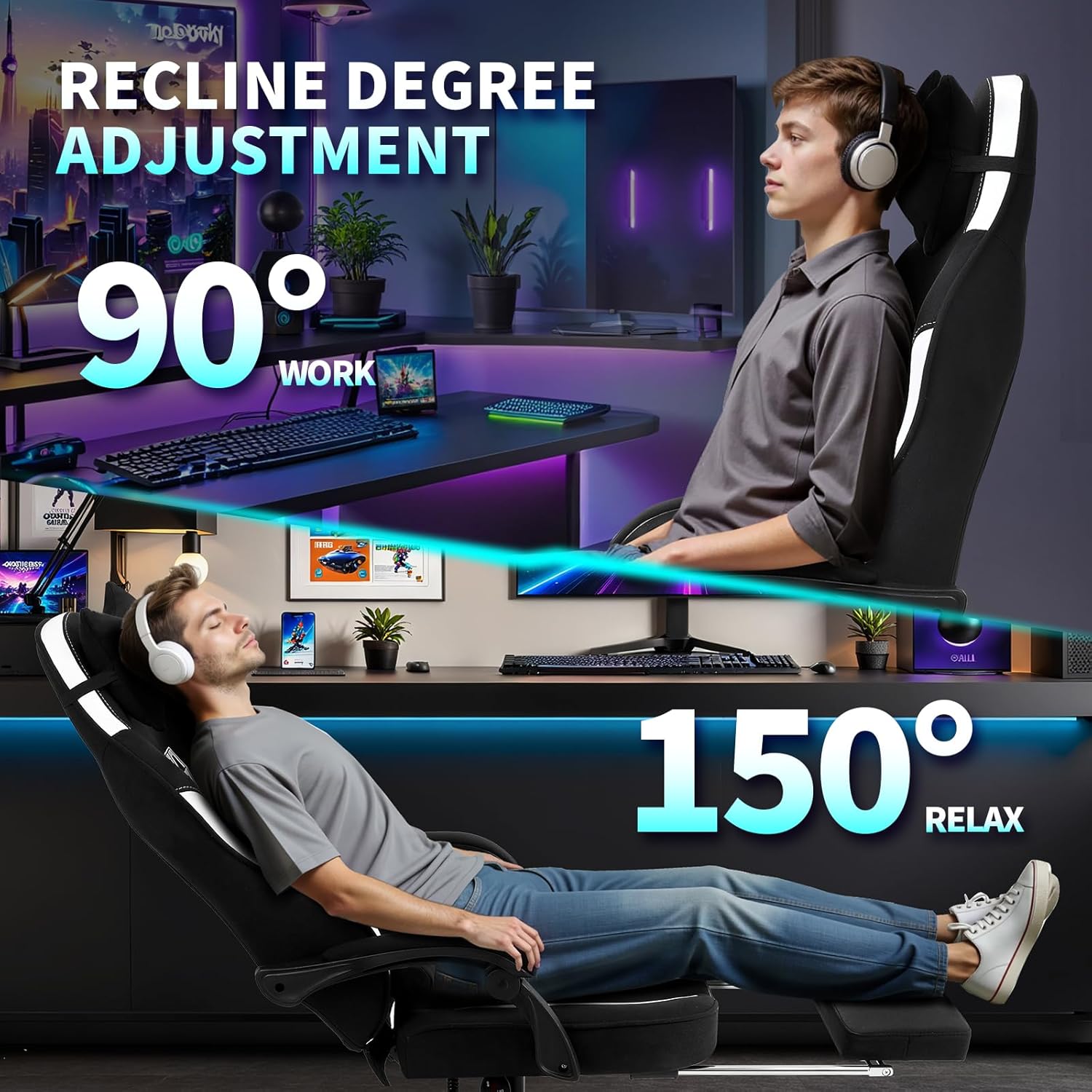 SITMOD Breathable Fabric Gaming Chair, 350lbs Heavy Duty Computer Office Chair with Pocket Spring Cushion, Wide Seat Ergonomic Gamer Chair with Footrest for Big and Tall, Reclining High White