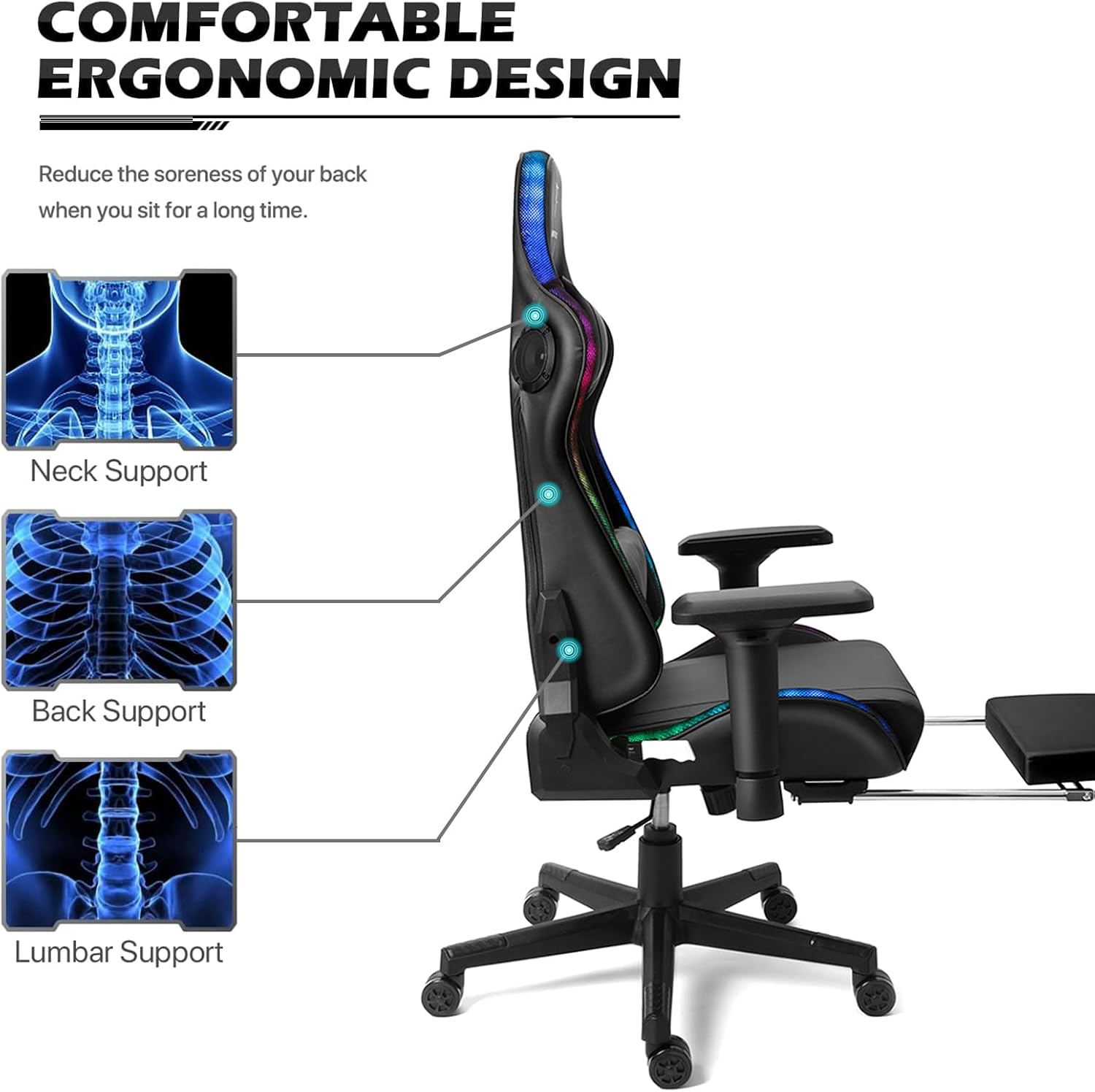 XOOFMASS Massage Gaming Chair with LED Light, Gaming Chair with Speakers, Office Chair with Footrest Ergonomic High Back PU Swivel Game Chair for Teens,Black