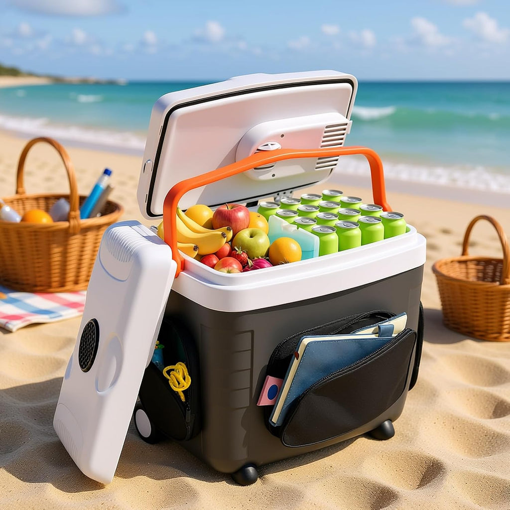 ADVWIN 32 Qt (30L) Electric Car Cooler & Warmer with Ice Pack Divider, Pockets, Removable Lid, Locking Handle, Wheels, Thermoelectric Cooler for Travel Camping Vehicles Truck Home, 12V DC & 120V AC