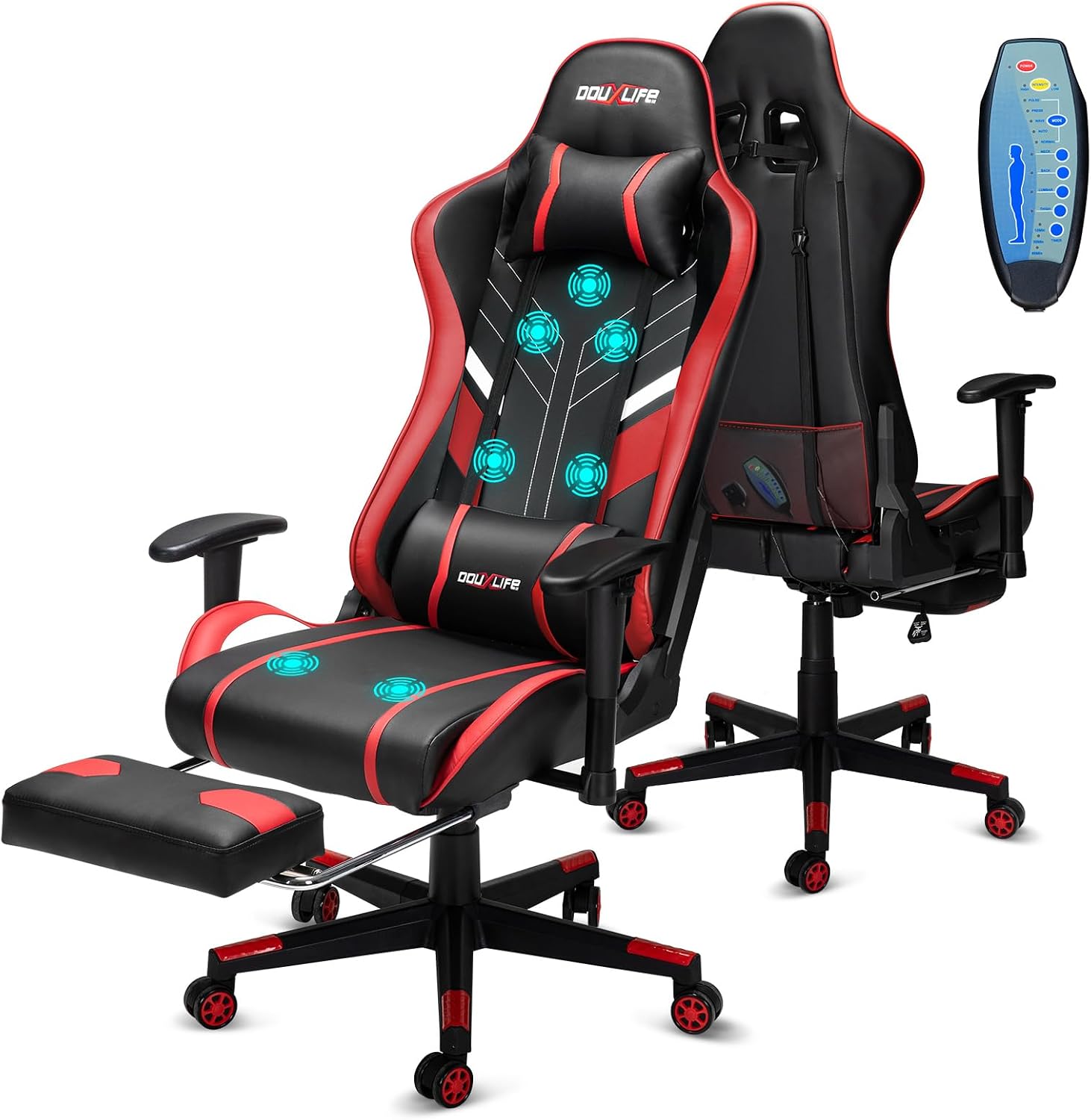 Douxlife 7-Point Massage Gaming Chair with Footrest, 400lbs Heavy Duty Ergonomic Computer Chair, 175° Reclining High Back Racing Seat for Adults with Adjustable Armrests & Lumbar Support, Red