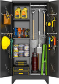 OSEILLC 71'' Metal Storage Cabinet with Doors, Multifunctional Bathroom/Garage Lockable Steel Cabinet, Broom Closet Storage with Hanging Rod (Style-1)