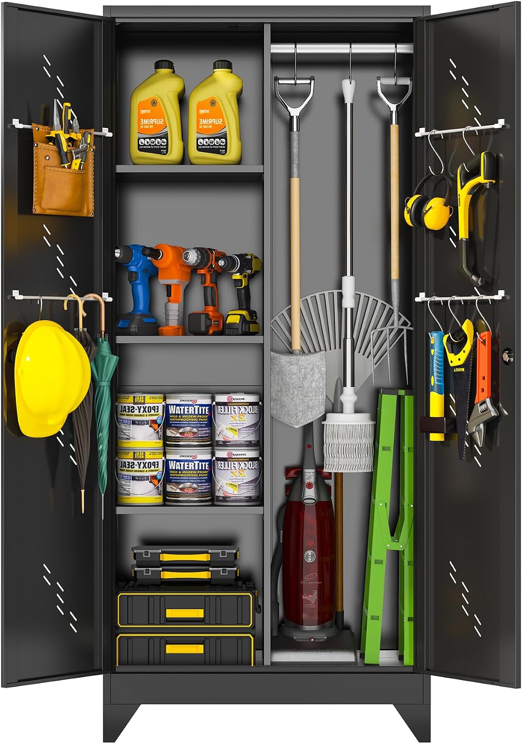 OSEILLC 71'' Metal Storage Cabinet with Doors, Multifunctional Bathroom/Garage Lockable Steel Cabinet, Broom Closet Storage with Hanging Rod (Style-1)