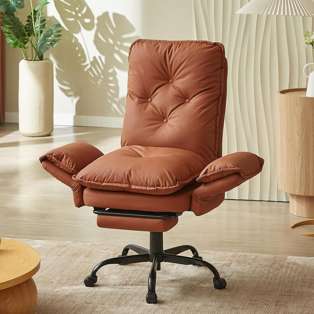Bestier Cross Legged Office Chair with Footrest, High Back Criss Cross Chair with Reversible Armrests and Wheels, Big and Tall Reclining Office Chair for Home PU Leather Brown