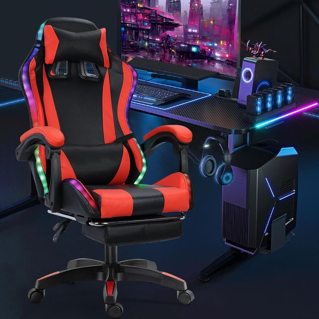 Talent Star Computer Gaming Chair,Video Game Chairs,Ergonomic Chair with Bluetooth-Compatible Speakers and RGB LED Lights Height Adjustable with Footrest and Lumbar Support for Office or Gaming Black