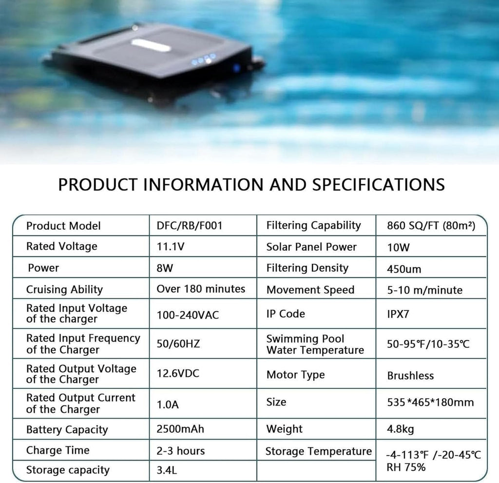 Automatic Cordless Pool Skimmer, Automatic Pool Cleaning Robot, Cordless Robotic Pool Cleaner, Brushless Motor, 80㎡ Coverage, Daytime & Overnight Continuous Cleaning, for Above Ground Pool