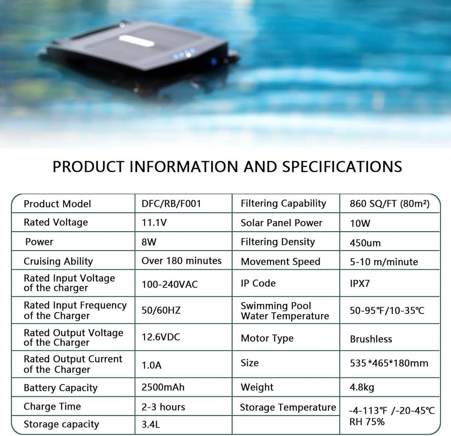 Automatic Cordless Pool Skimmer, Automatic Pool Cleaning Robot, Cordless Robotic Pool Cleaner, Brushless Motor, 80㎡ Coverage, Daytime & Overnight Continuous Cleaning, for Above Ground Pool