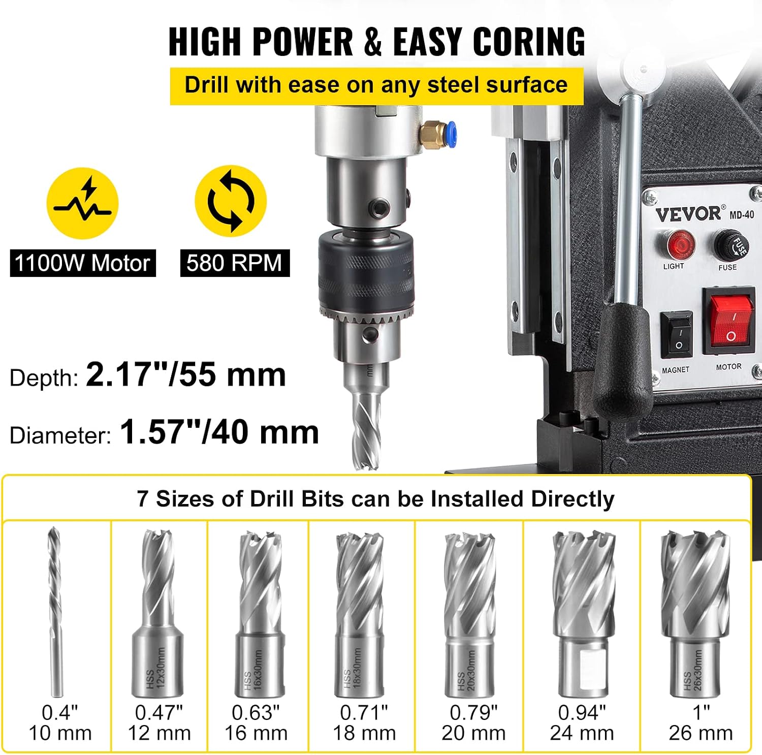VEVOR Magnetic Drill, 1100W 1.57' Boring Diameter, 2697lbf/12000N Portable Electric Mag Drill Press with 7 Bits, 580 RPM Max Speed Drilling Machine for any Surface and Home Improvement