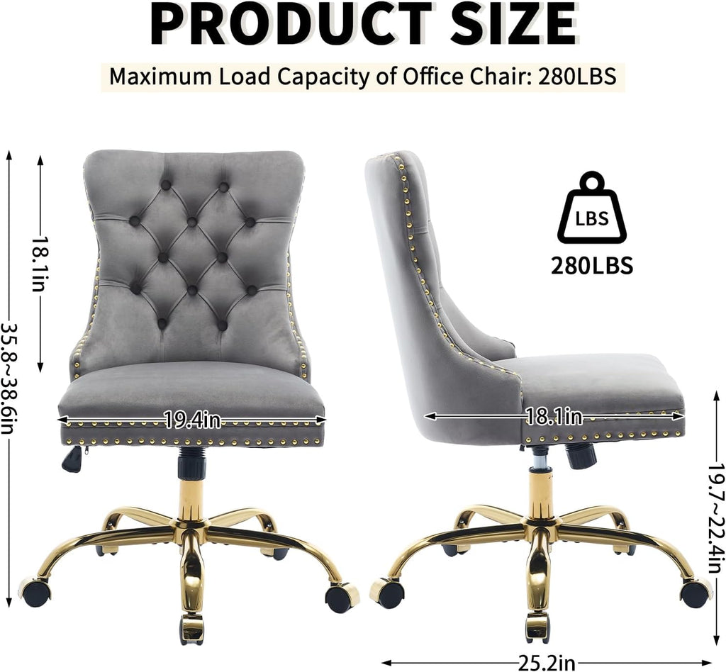 Grey Velvet Home Office Desk Chair with Wheels & Gold Base, Modern Swivel Comfy Office Chair Vanity Chair Task Chair, Upholstered Adjustable Wingback Armless Desk Chair for Home Office,Bedroom,Grey