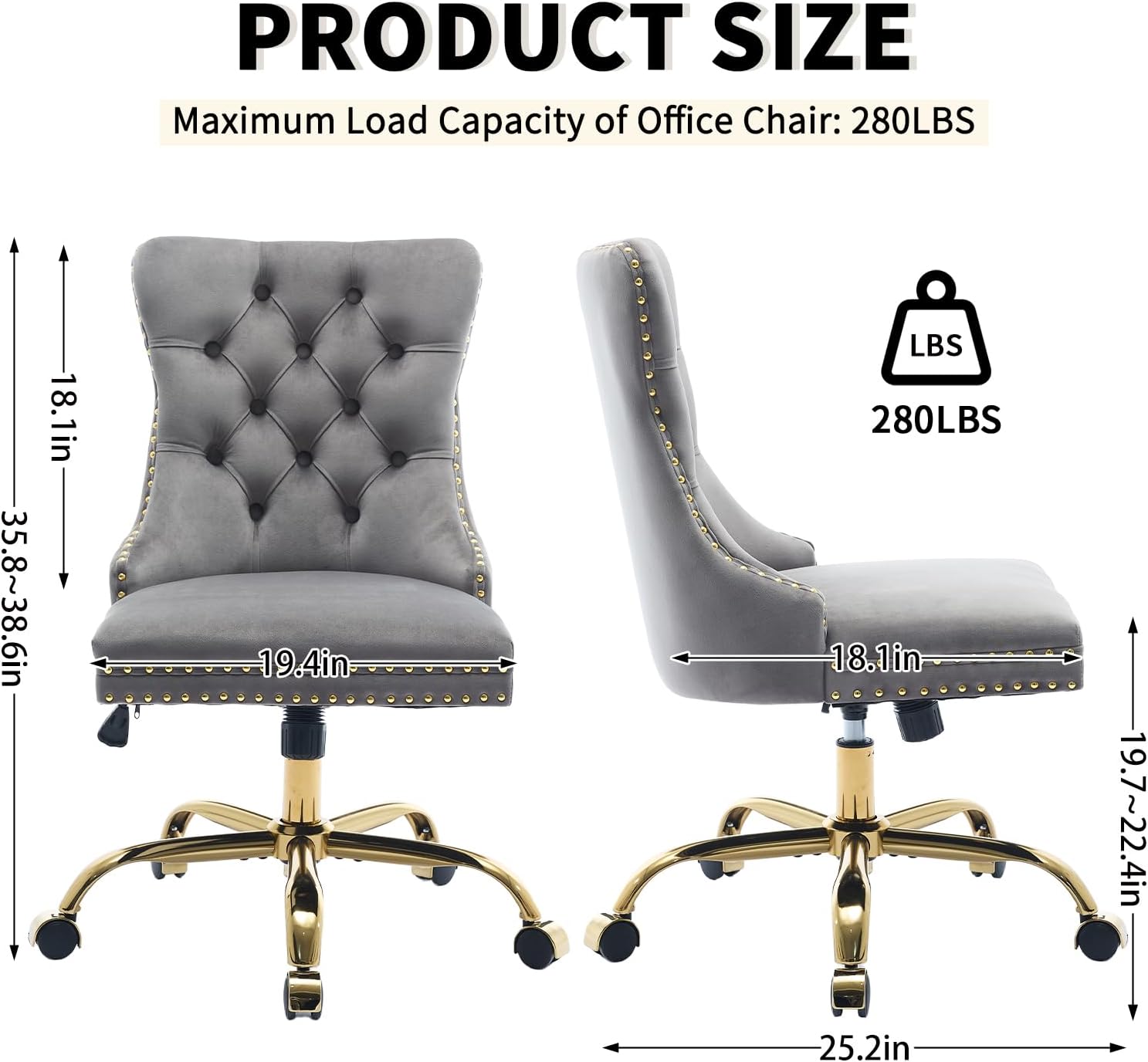 Grey Velvet Home Office Desk Chair with Wheels & Gold Base, Modern Swivel Comfy Office Chair Vanity Chair Task Chair, Upholstered Adjustable Wingback Armless Desk Chair for Home Office,Bedroom,Grey