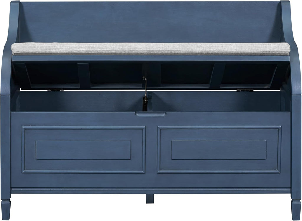 Bellemave Storage Bench with Safety Hinge Wooden Entryway Benches with Shoe Cabinets Under Seat Multifunctional Storage Bench for Entryway, Foyer or a Mudroom (Antique Navy+ Beige)