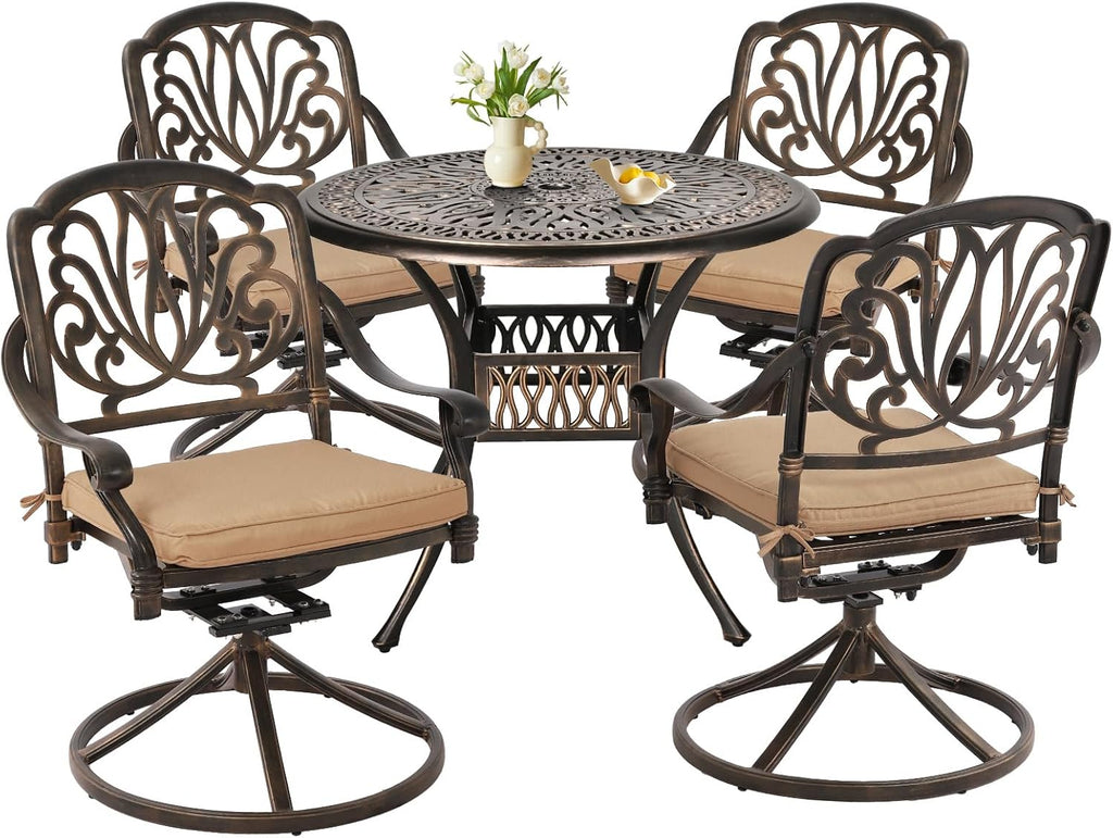 Grepatio 5 Piece Outdoor Dining Set Cast Aluminum Patio Dining Set Table and Chairs Outside Furniture 4 Swivel Chairs with Cushion and 1 Umbrella Hole Round Dining Table for Lawn Garden Patio (Khaki)