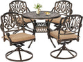 Grepatio 5 Piece Outdoor Dining Set Cast Aluminum Patio Dining Set Table and Chairs Outside Furniture 4 Swivel Chairs with Cushion and 1 Umbrella Hole Round Dining Table for Lawn Garden Patio (Khaki)