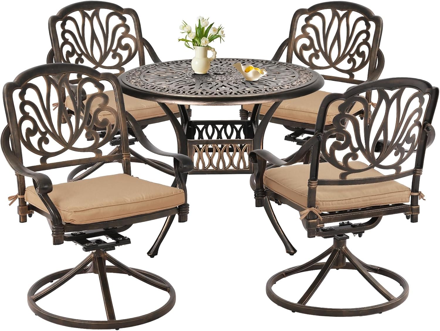Grepatio 5 Piece Outdoor Dining Set Cast Aluminum Patio Dining Set Table and Chairs Outside Furniture 4 Swivel Chairs with Cushion and 1 Umbrella Hole Round Dining Table for Lawn Garden Patio (Khaki)