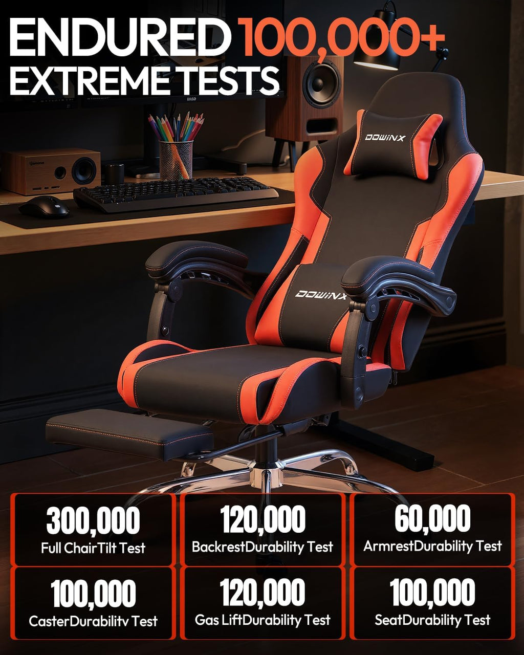 Dowinx Ergonomic Gaming Chair with Footrest & Massage Lumbar, 2D-Linkage Armrests for Computer Chair 330lbs with Headrest Pillow for Office, Home, Streaming and Long Gaming Sessions, Red