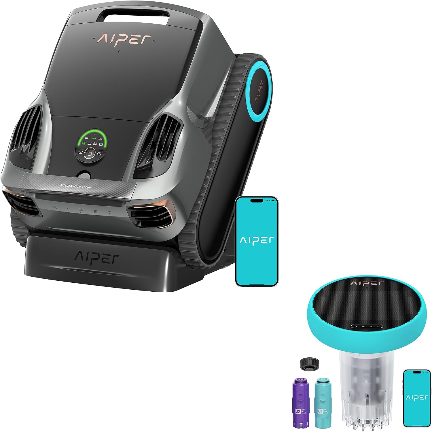 Aiper Scuba X1 Pro Max Pool Vacuum Robot & Skimmer with HydroComm Pro Smart Pool Monitor, 8,500 GPH Suction, Ultra-Fine Filtration, Real-Time Water Monitoring & Underwater WiFi Connection, Grey