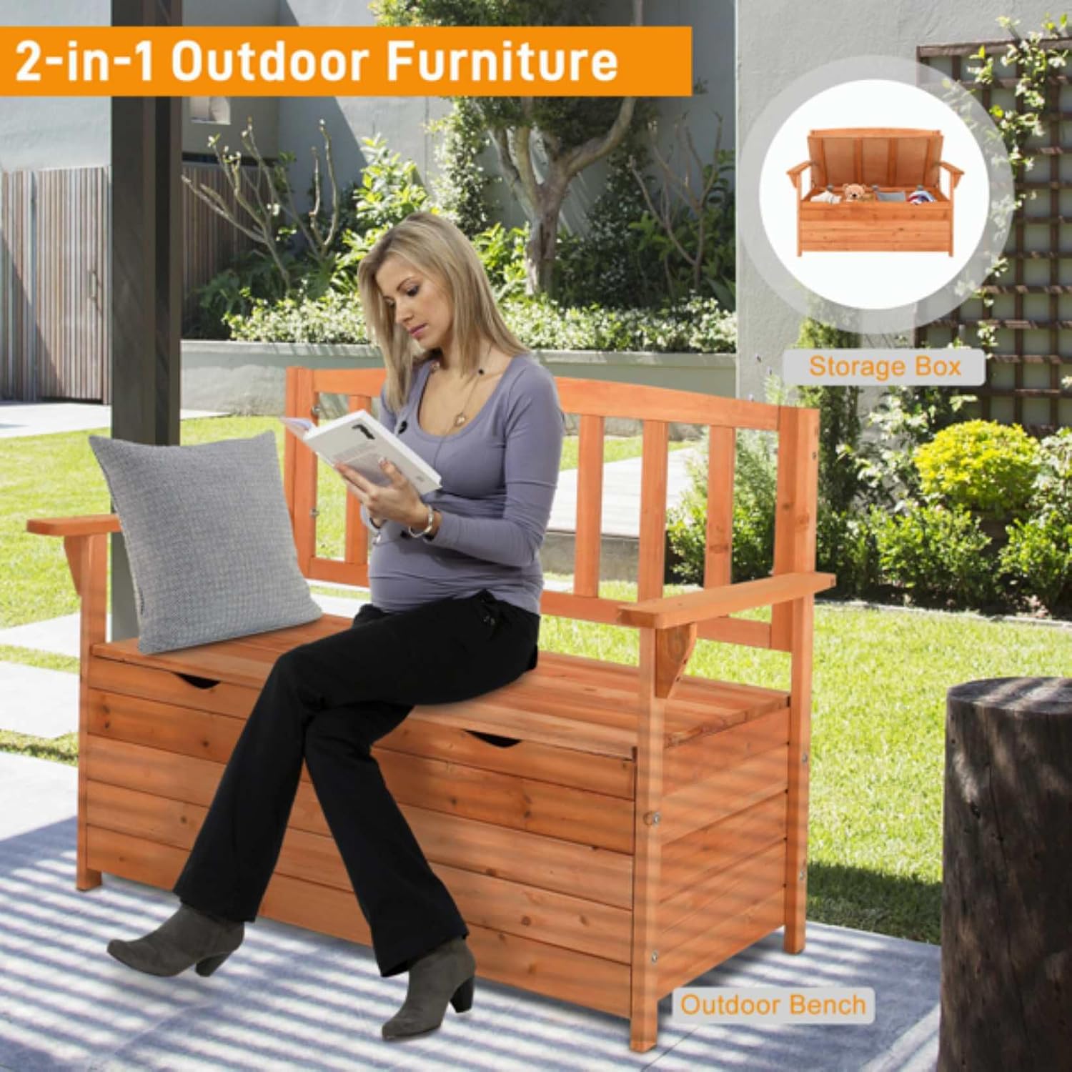 Cedar Wood Deck Box Bench, Storage Box with Backrest Armrest, All-Weather Yard Container Furniture for Tools, Toys, Outdoor Storage Bench Deck Box w/Seat for Backyard, Porch, Patio, Garden