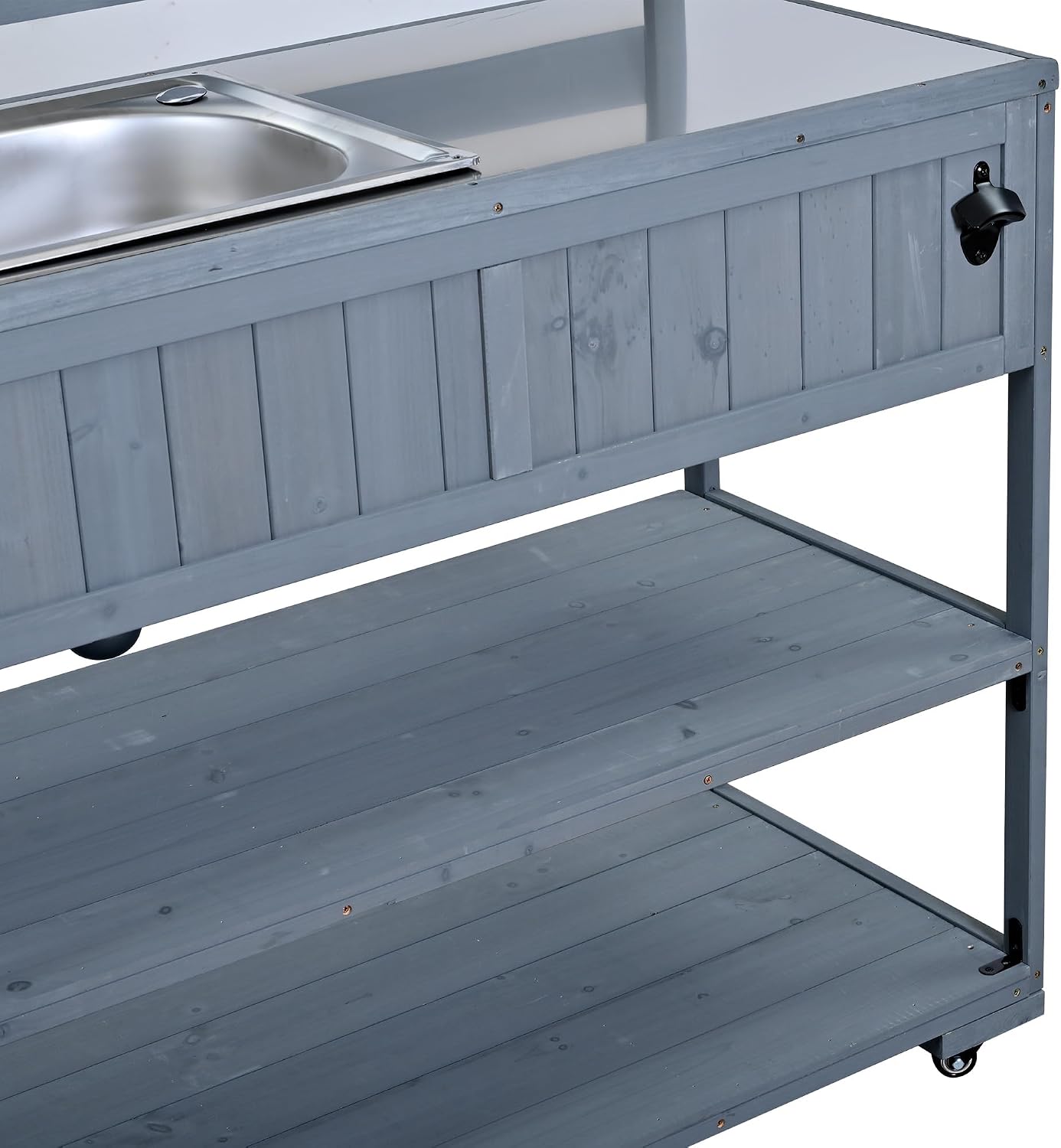 41.7'' Large Patio Rolling Kitchen Island Solid Wood Kitchen Cart with Sink, Garden Potting Bench with Stainless Table Top, 2 Movable Shelves and 1 Bottle Opener (Gray-41.7'')