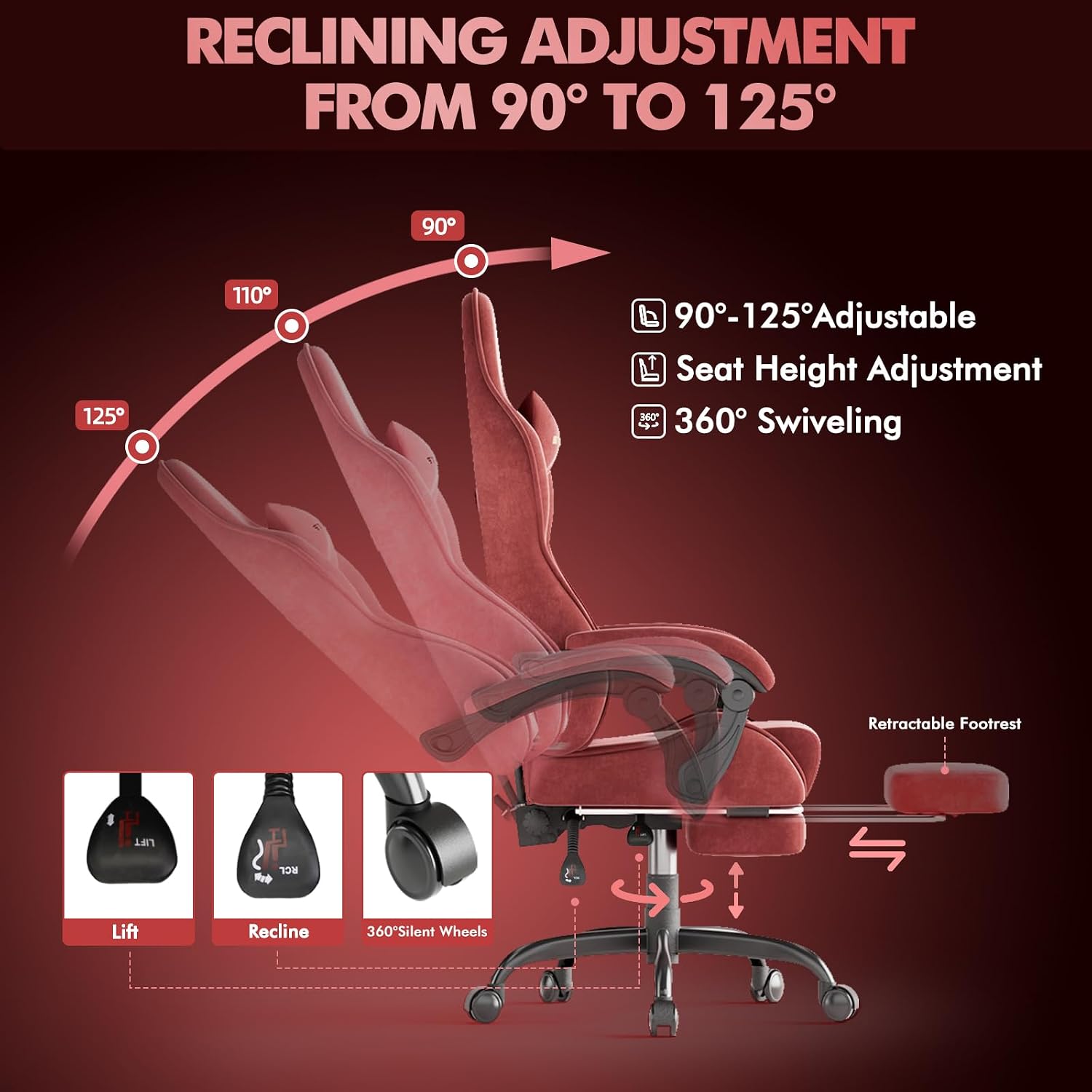 Soontrans Ergonomic Velvet Fabric Gaming Chair with Footrest, Comfortable Video Gamer Chair for Adult, Reclining Ergonomic Office Computer Desk Game Chairs with Massage Lumbar Cushion,Headrest