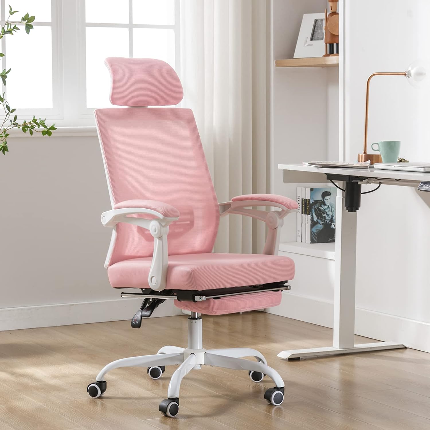 Qulomvs Mesh Ergonomic Office Chair with Footrest Home Office Desk Chair with Headrest and Backrest Adjustable Computer Executive Desk Chair with Wheels 360 Swivel Task Chair