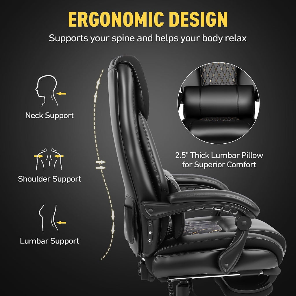 3D Kneading Massage Office Chair with Heat, 500 lbs Big and Tall Executive Computer Desk Recliner, Leather Electric Heated Chair with Footrest, Black