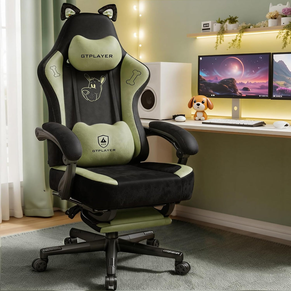 GTPOFFICE Cute Gaming Chair with Cat Ears, Ergonomic Computer Chair with Footrest Cat Paw Lumbar Support Comfortable Reclining Game Chair Desk Chair for Adult Teens, Soft Fabric, Green