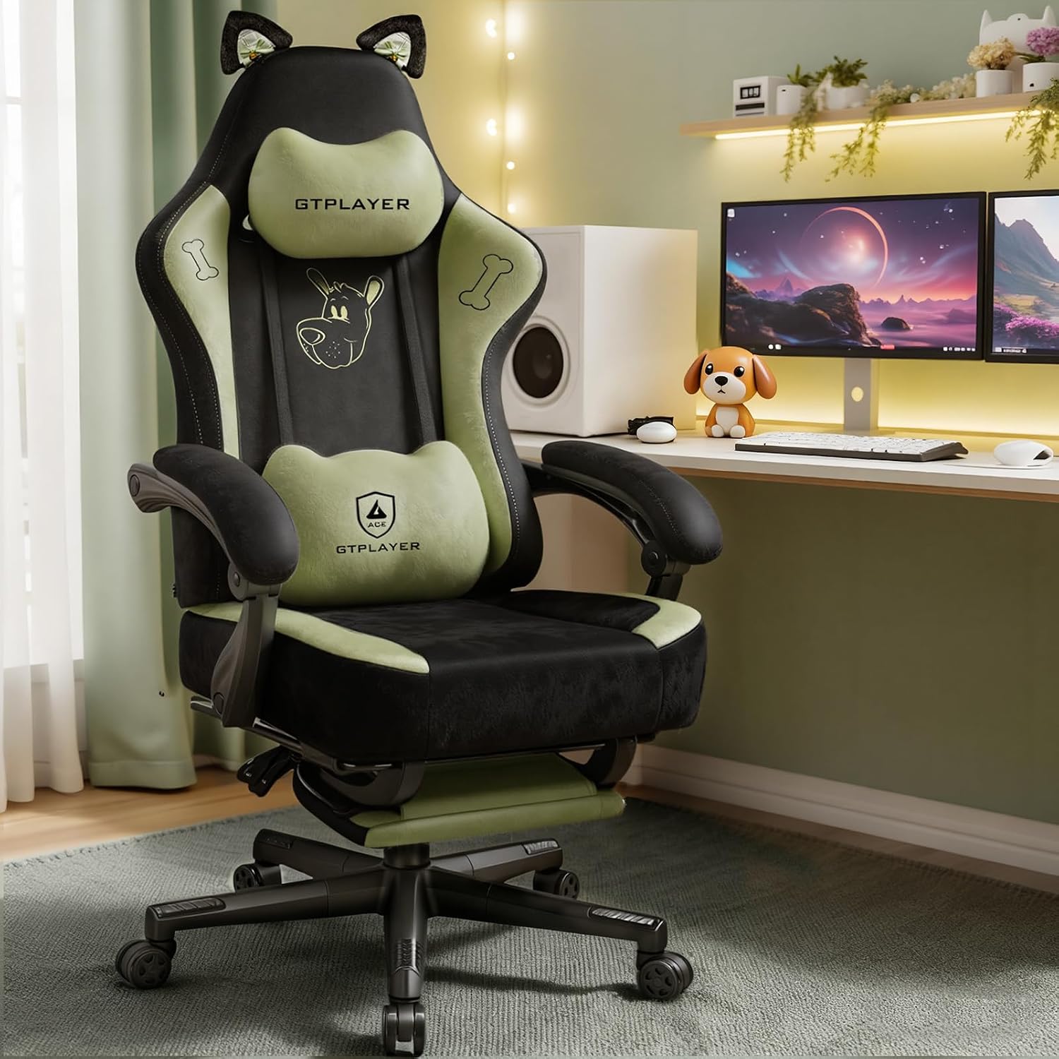 GTPOFFICE Cute Gaming Chair with Cat Ears, Ergonomic Computer Chair with Footrest Cat Paw Lumbar Support Comfortable Reclining Game Chair Desk Chair for Adult Teens, Soft Fabric, Green