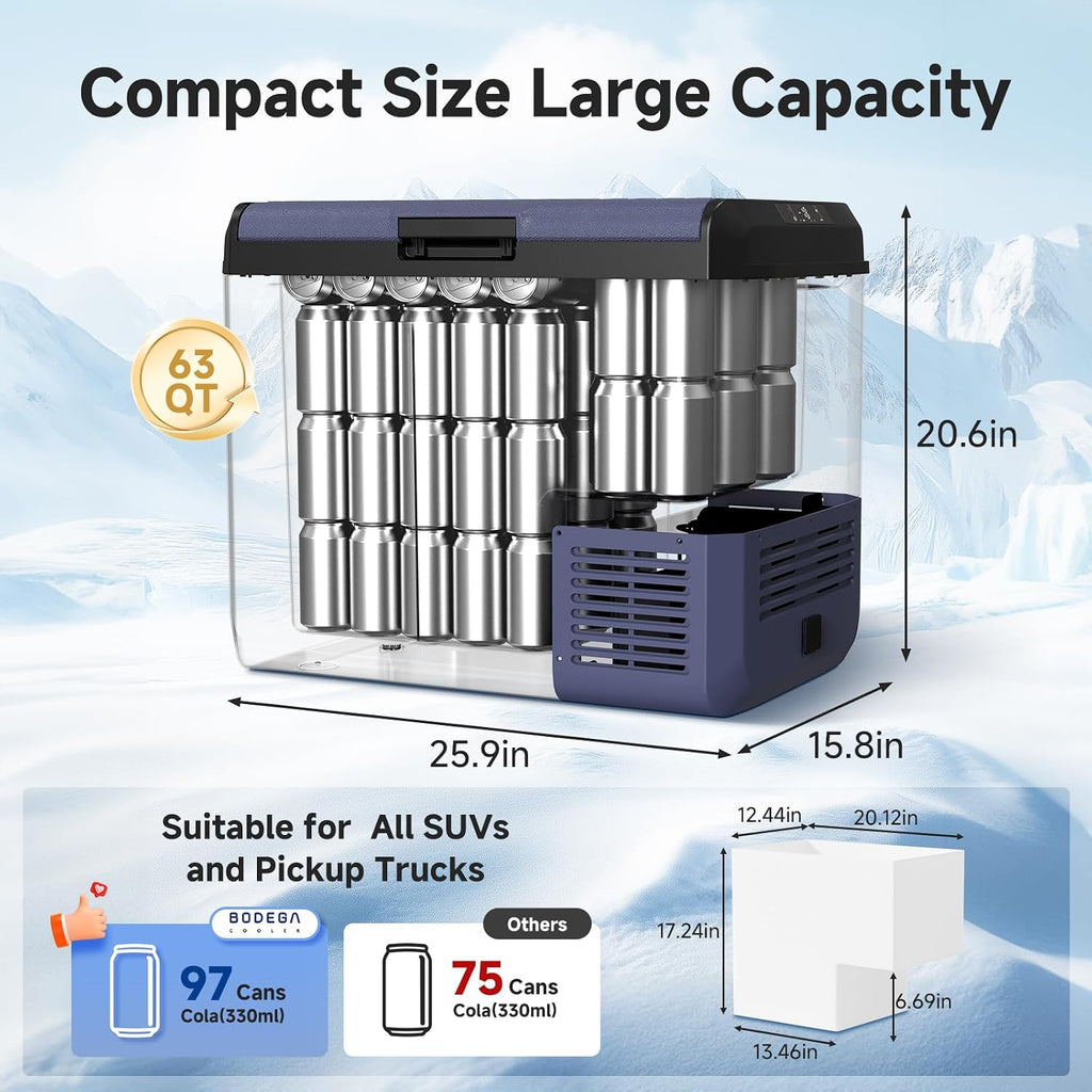 BODEGA 12v Car Refrigerator, 63QT(60L) IPX4 Waterproof Electric Cooler, APP Control Car Fridge with 12/24V DC 110-240V AC, -4℉~68℉, Portable Freezer for Truck Van RV Camping, Travel,Home