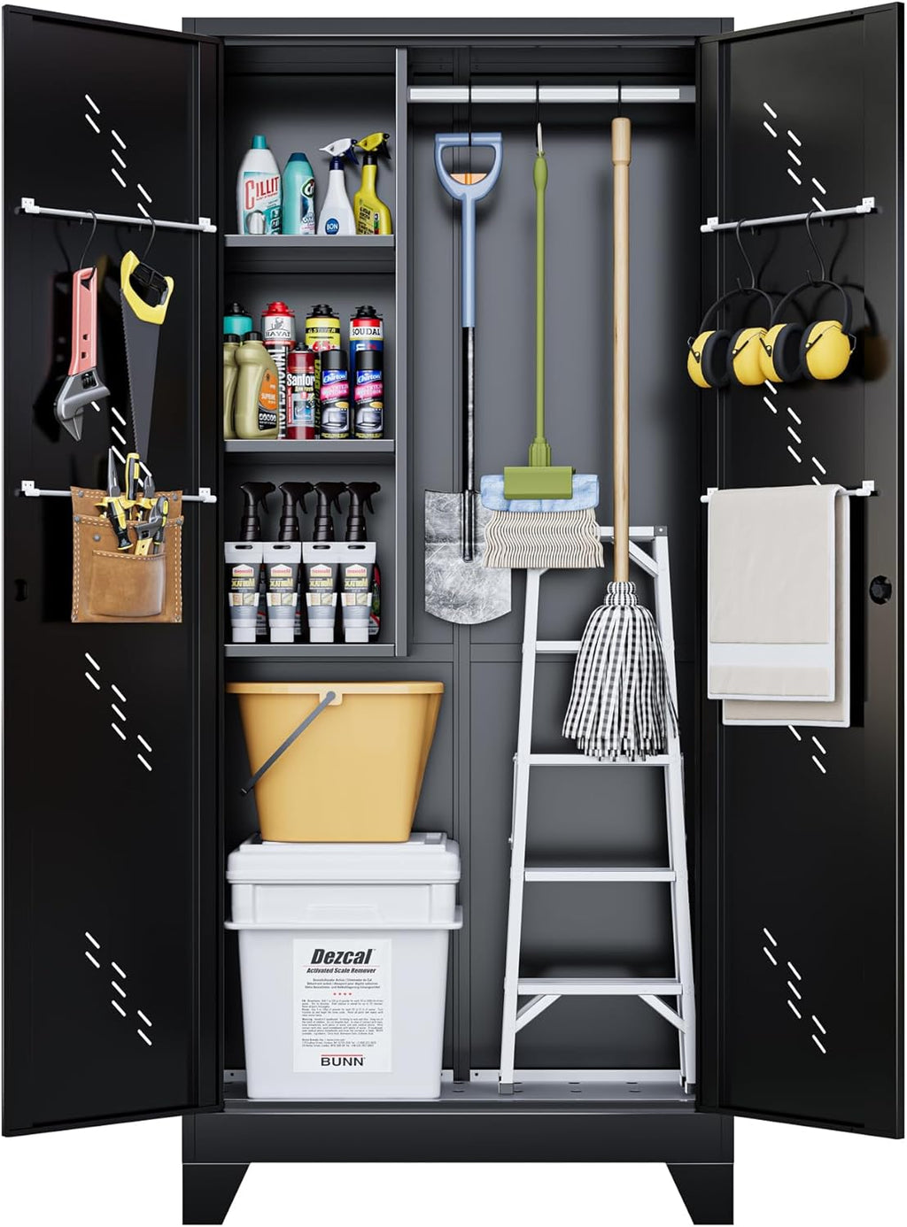 OSEILLC Metal Storage Cabinet with Locking Doors, 75' Tall Garage Cabinet with Hanging Rod, Broom Closet/Freestanding Bathroom Storage Cabinet, Cleaning Tool Storage